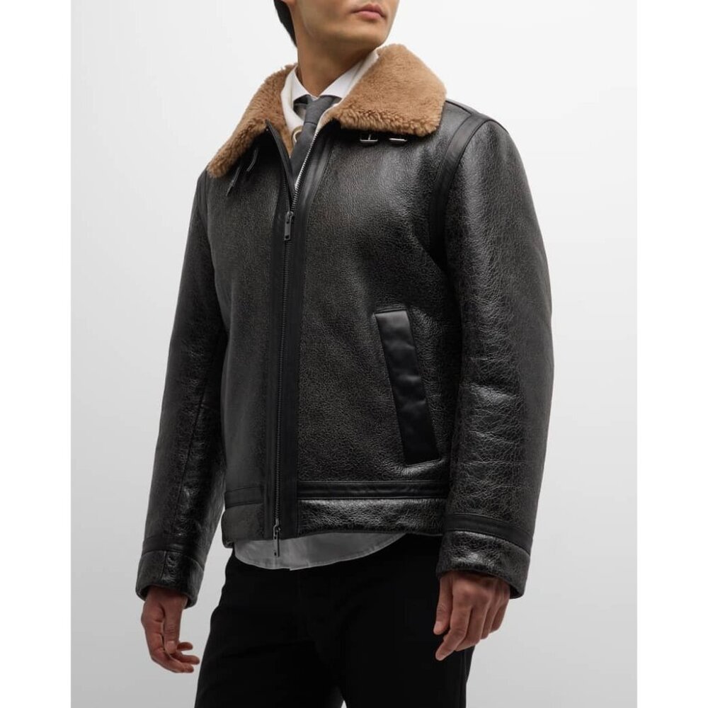 HUGO BOSS Mens Black Textured Leather Shearling Collar Aviator Jacket NWT